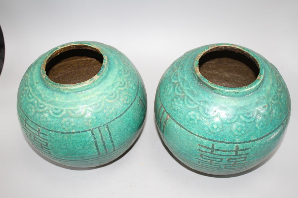 Two 19th century Chinese turquoise glazed shuangxi jars, with calligraphic motifs, height 18cm